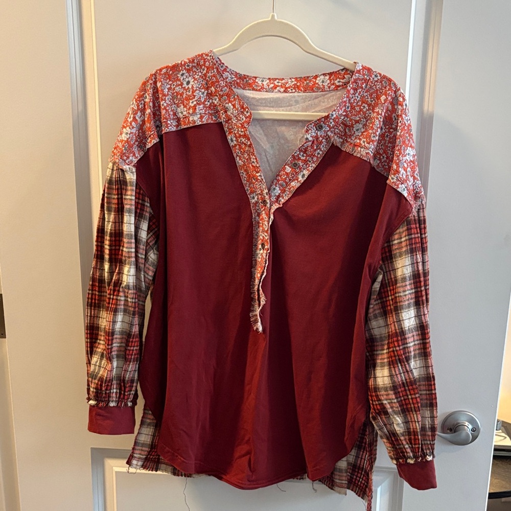 Boutique Red Floral and Plaid Long Sleeve Top
